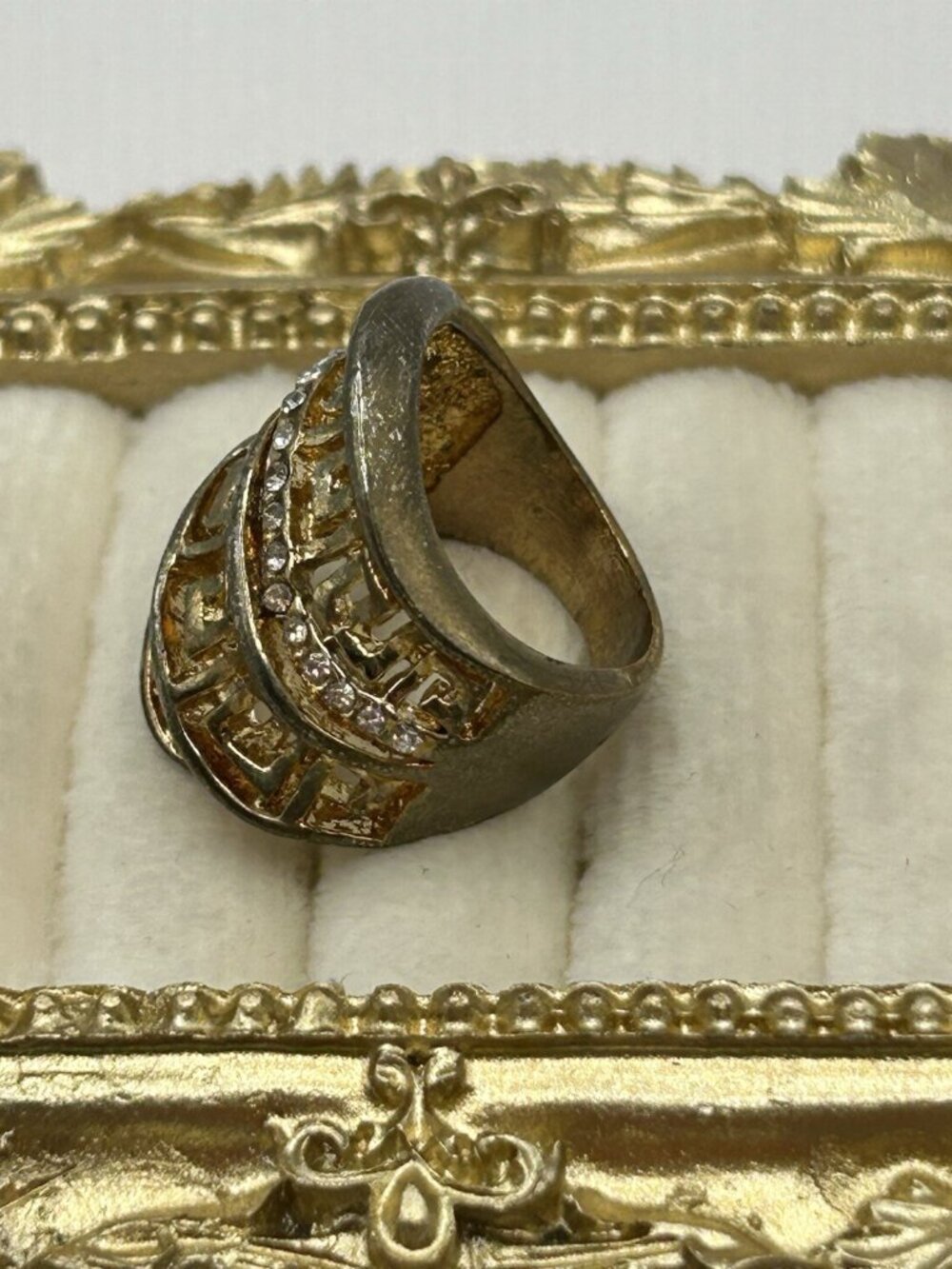 Vintage Greek Key Rhinestone Wide Band Costume Ring Gold Tone Size 5 Chunky Fun - Picture 3 of 12
